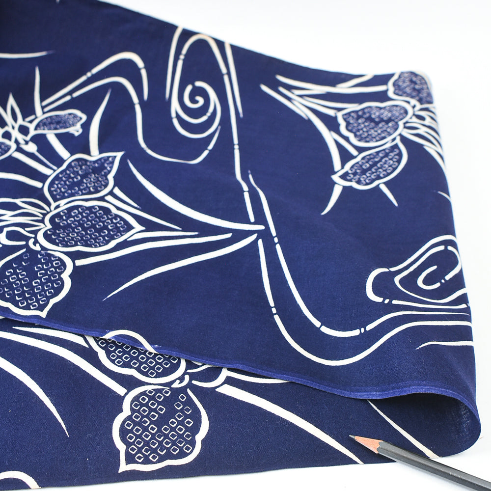 Vintage Indigo Yukata Cotton — Iris & Flowing Water Motif
