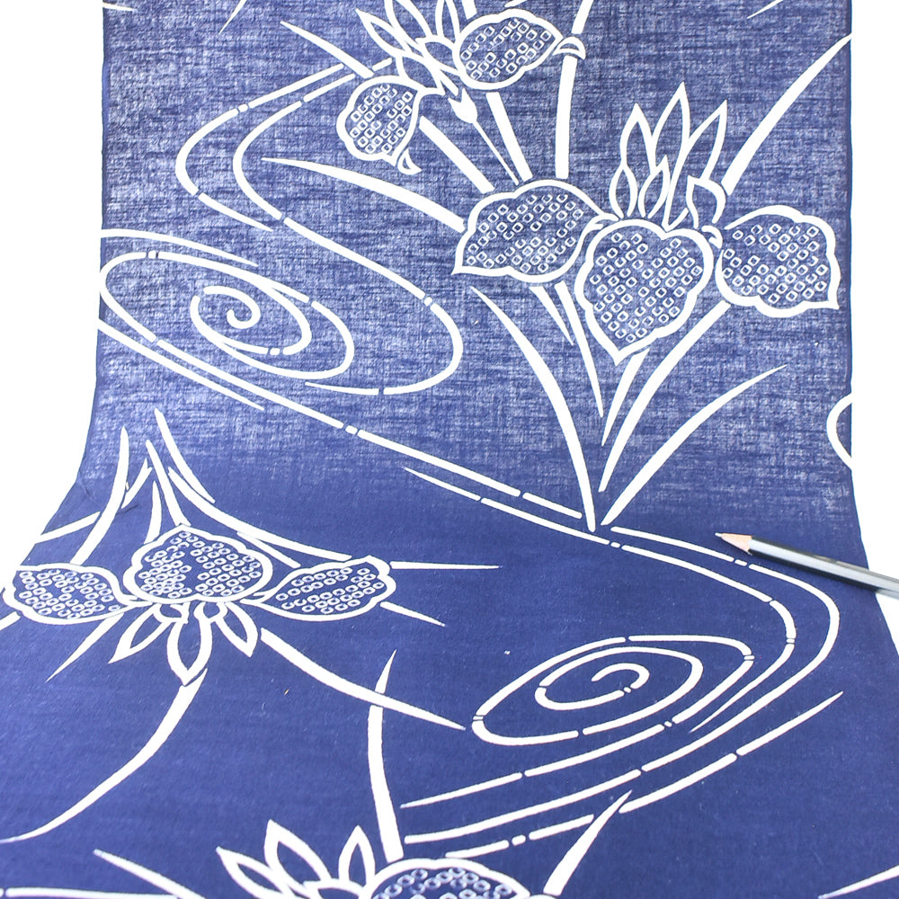 Vintage Indigo Yukata Cotton — Iris & Flowing Water Motif