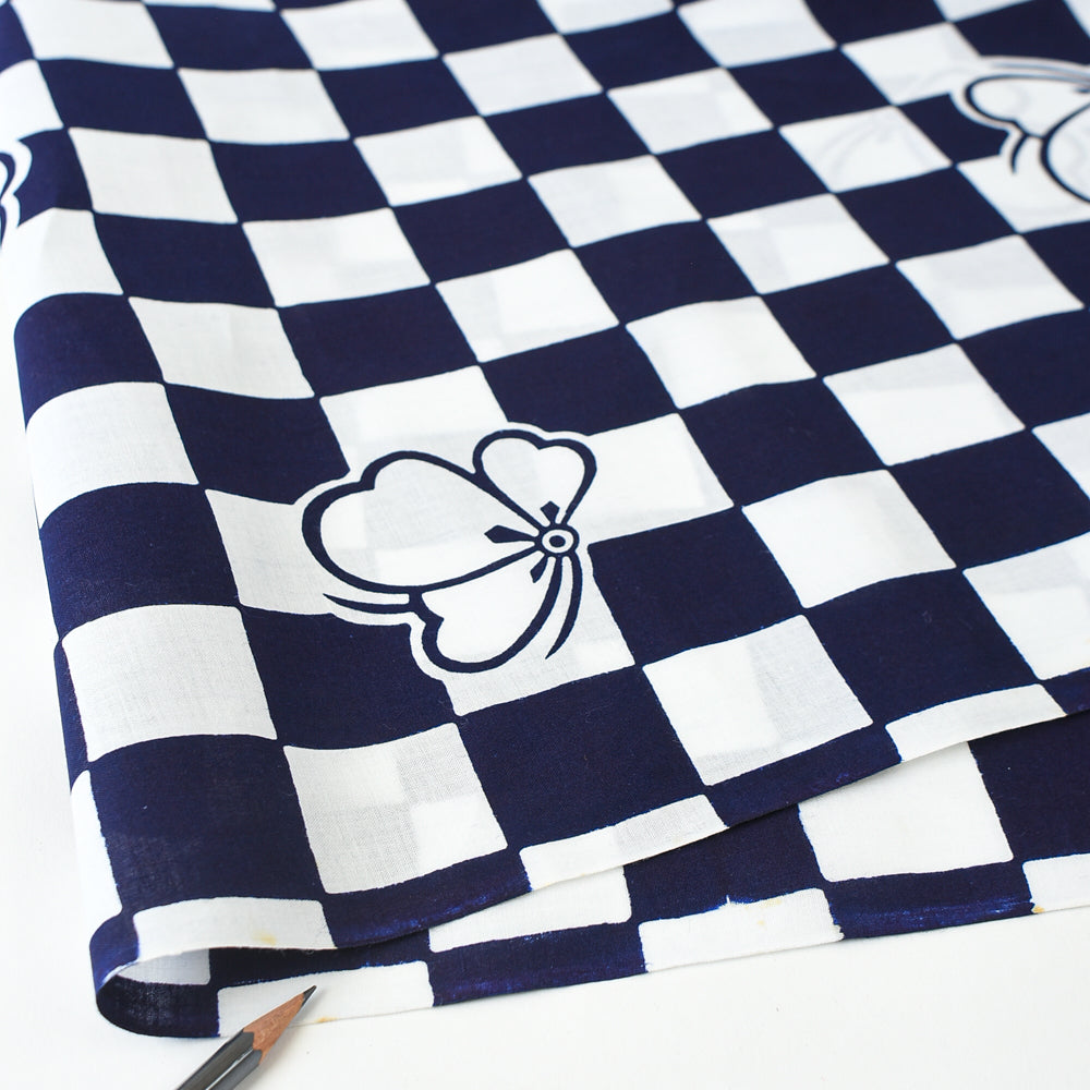 Vintage Indigo Yukata Cotton — Ichimatsu Check with Stylized Blossoms