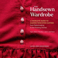 Book cover of 'The Handsewn Wardrobe' with a red garment and buttons.
