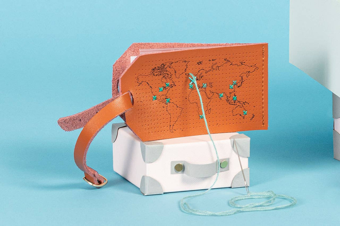 Map Luggage Tag Stitching Kit, Brown Leather