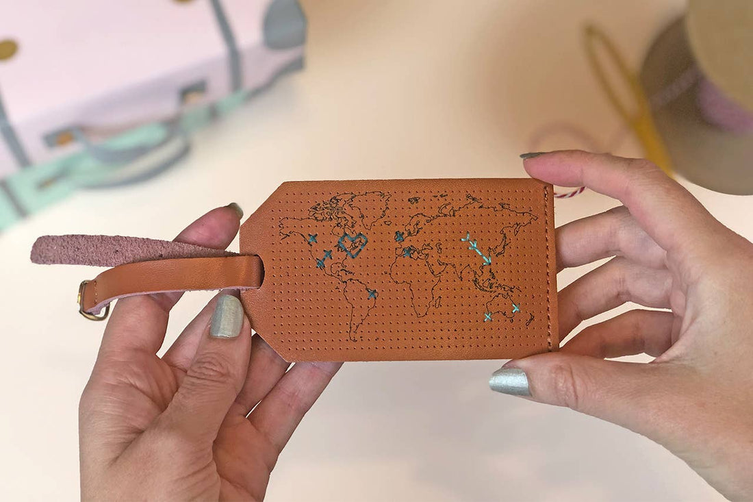 Map Luggage Tag Stitching Kit, Brown Leather