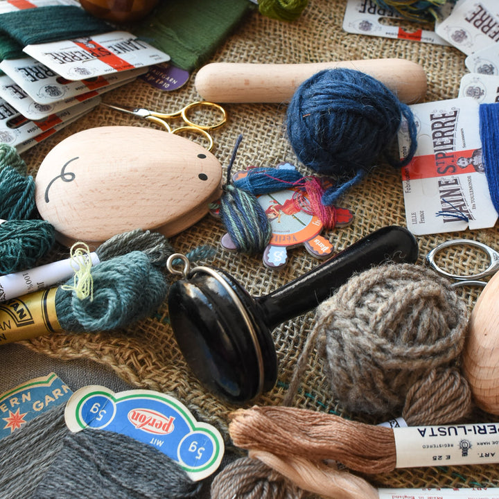 Darning and Mending Supplies: wooden darning mushroom and mouse, wool thread, embroidery scissors | Brooklyn Haberdashery