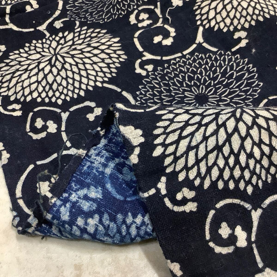 Antique Indigo Katazome Futonji – Chrysanthemum Arabesque, 5 Panels Wide