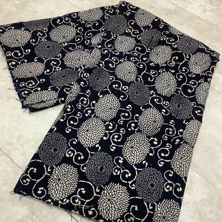 Antique Indigo Katazome Futonji – Chrysanthemum Arabesque, 5 Panels Wide