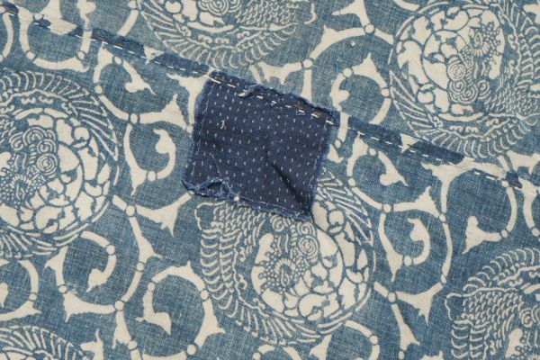 Antique Indigo Katazome Futon-ji – Phoenix Arabesque, 4 Panels Wide