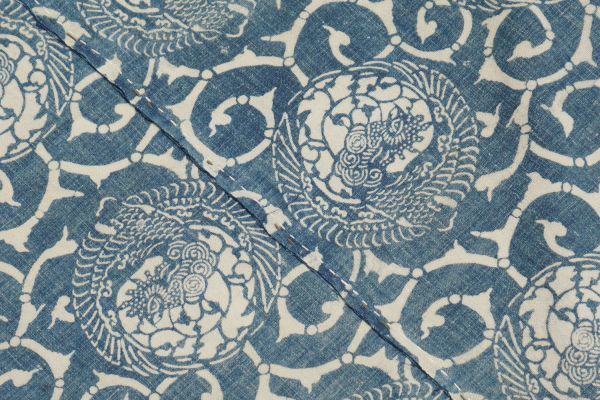 Antique Indigo Katazome Futon-ji – Phoenix Arabesque, 4 Panels Wide