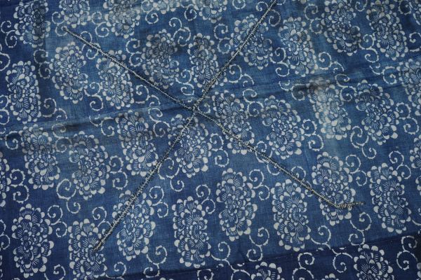 Antique Indigo Katazome Futon-ji – Chrysanthemum & Arabesque, 4 Panels Wide