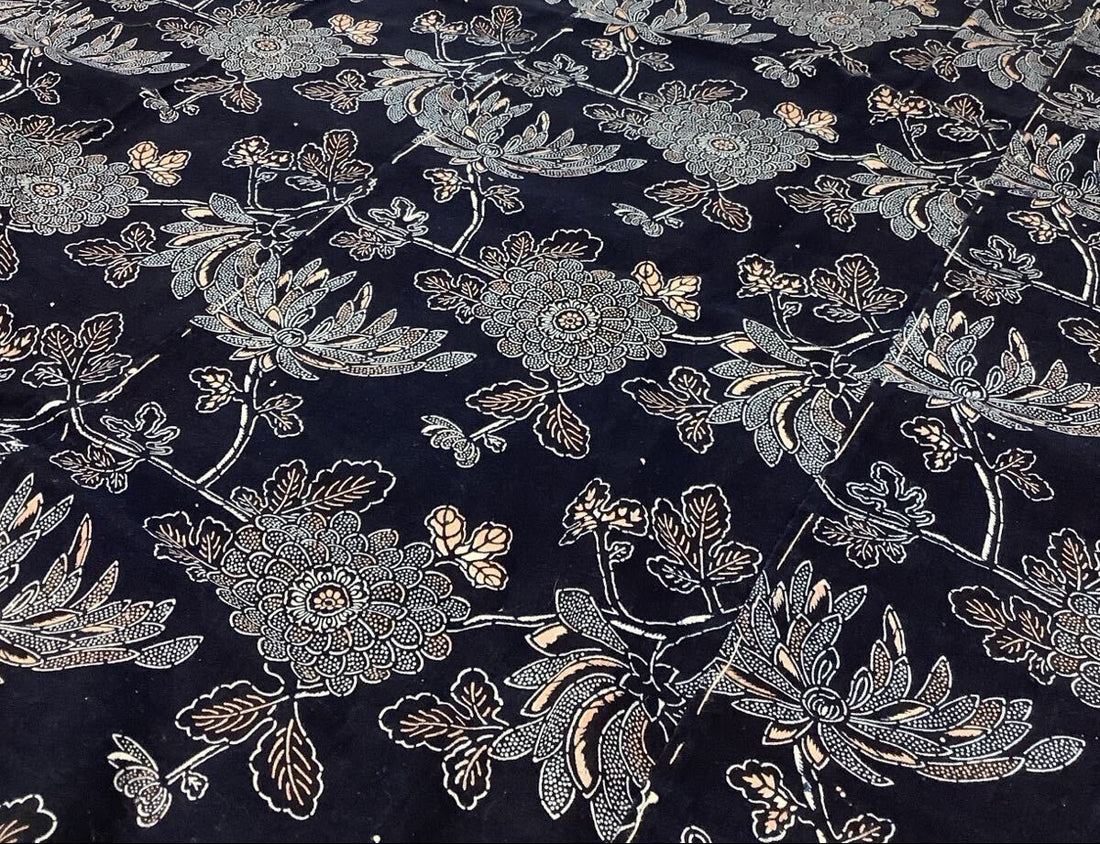 Antique Indigo & Bengala Futon-ji – Floral Katazome, 5 Panels Wide