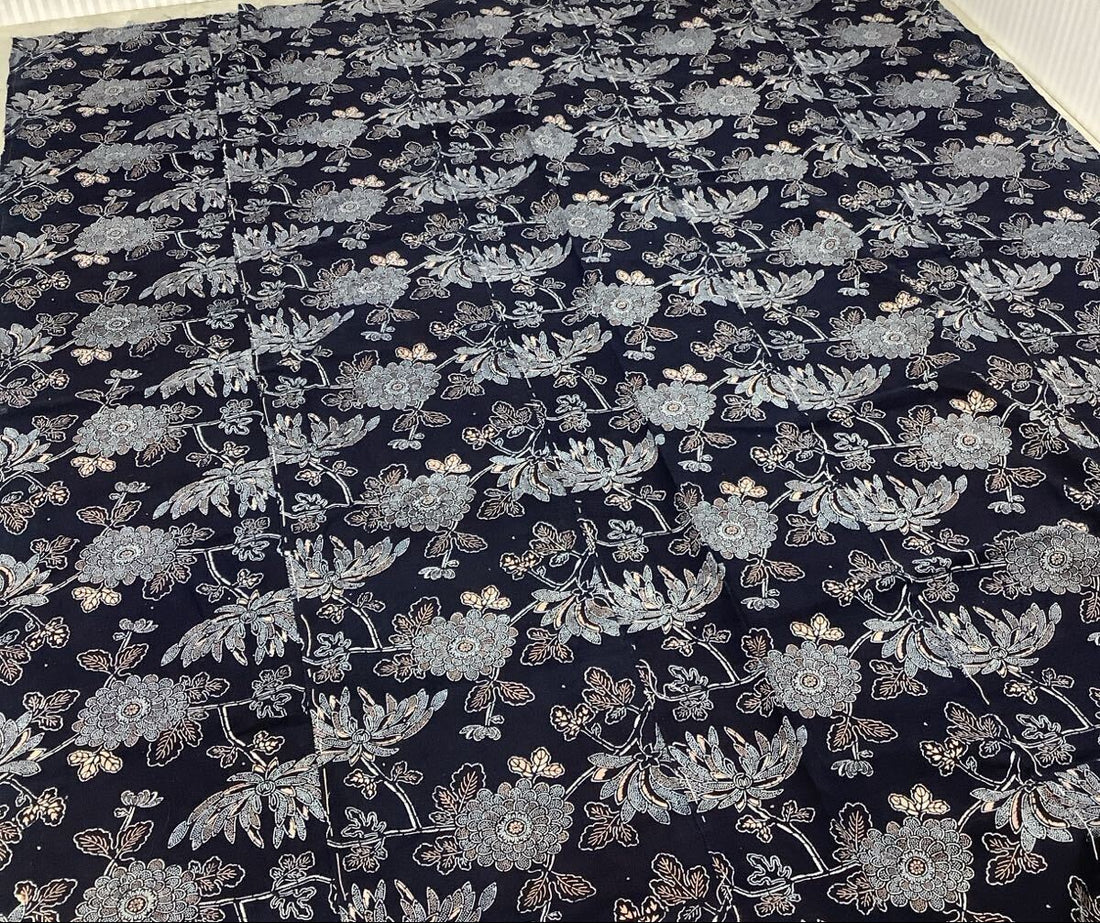 Antique Indigo & Bengala Futon-ji – Floral Katazome, 5 Panels Wide