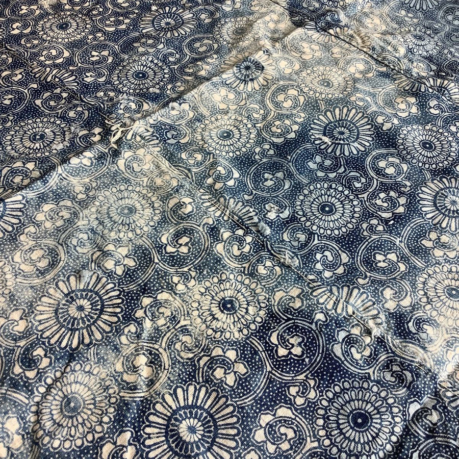 Antique Indigo Futon-ji – Chrysanthemum Medallion & Peony Scrolls, 4 Panels Wide