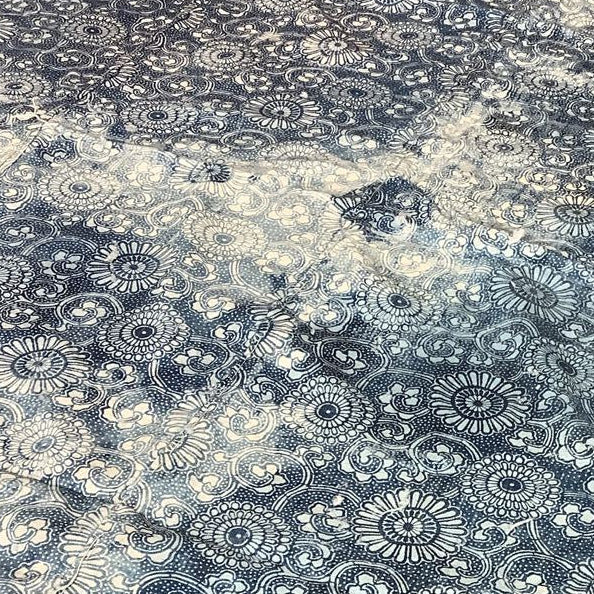 Antique Indigo Futon-ji – Chrysanthemum Medallion & Peony Scrolls, 4 Panels Wide