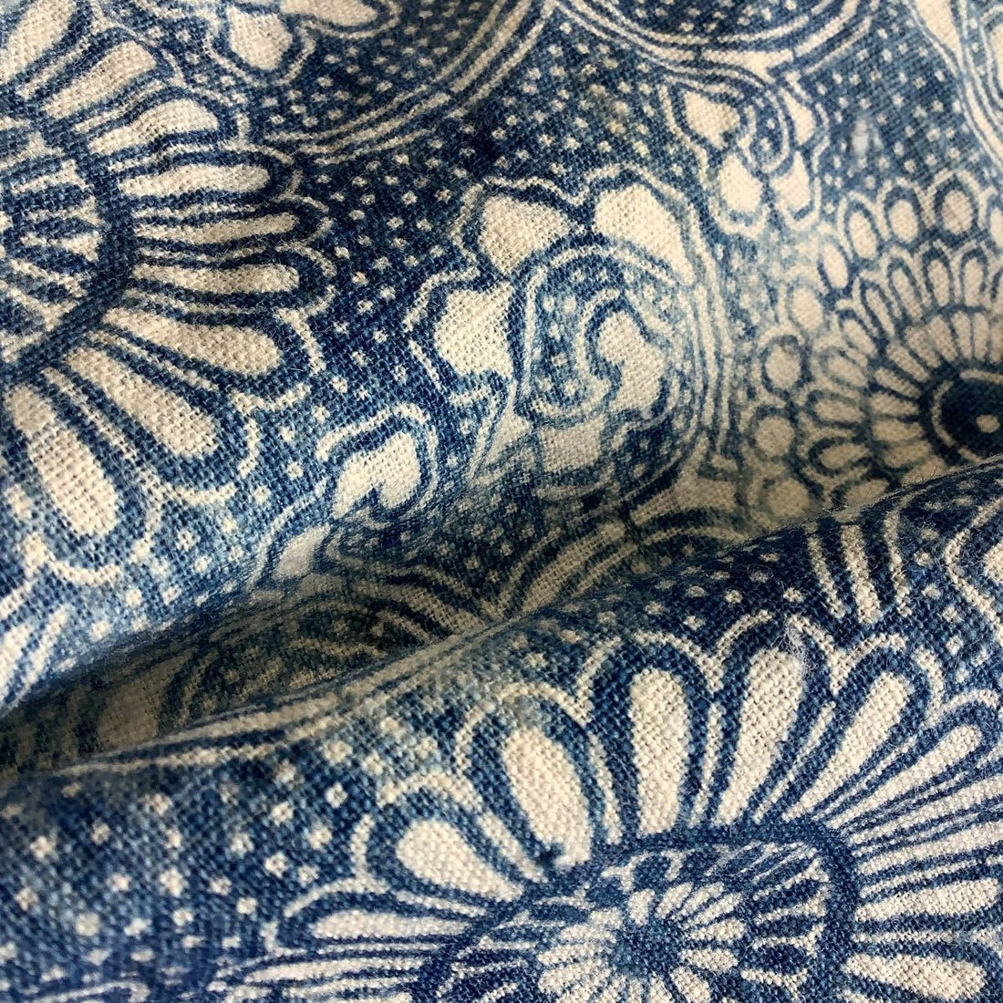 Antique Indigo Futon-ji – Chrysanthemum Medallion & Peony Scrolls, 4 Panels Wide