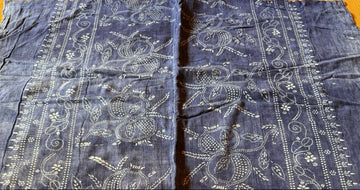 Antique Indigo Katazome Futon-ji – Dual Border Arabesque, 3 Panels Wide