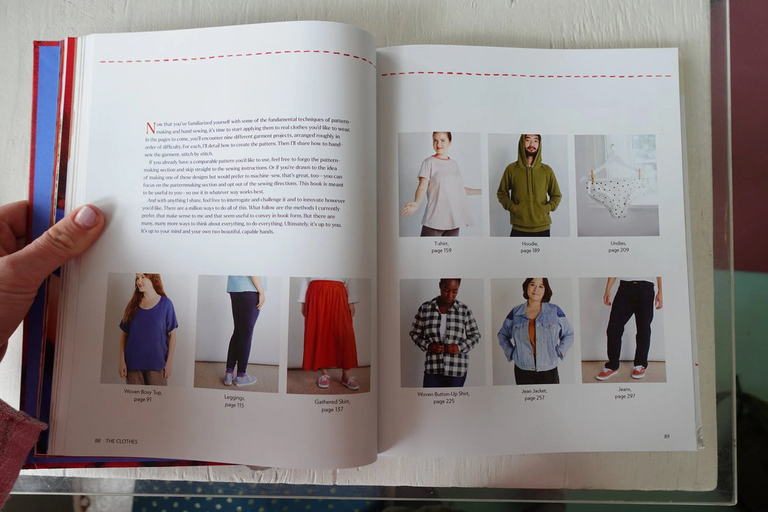 Open book showing a page with images of people wearing different outfits.