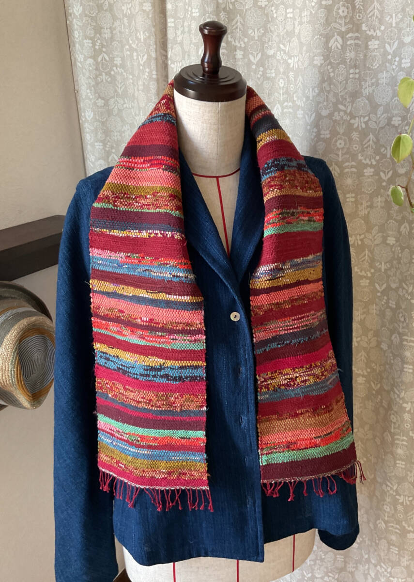 Red Stripes Sakiori Handwoven Scarf