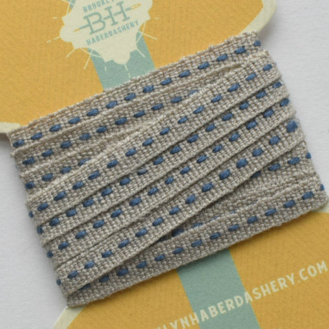 Linen Running Stitch Ribbon 2 yds - Natural/Bluebell