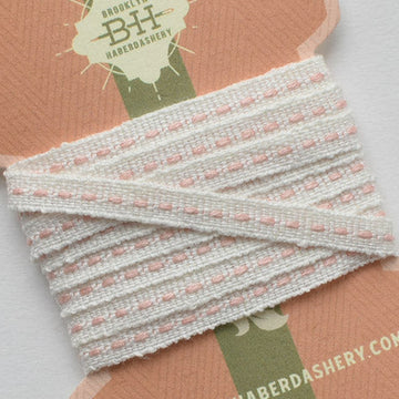 Linen Running Stitch Ribbon 2 yds - White/Layette Pink