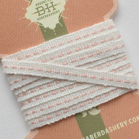 Linen Running Stitch Ribbon 2 yds - White/Layette Pink