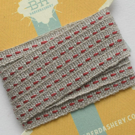 Linen Running Stitch Ribbon 2 yds - Natural/Currant Red