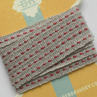 Linen Running Stitch Ribbon 2 yds - Natural/Currant Red