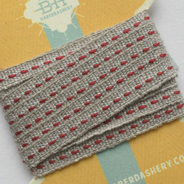 Linen Running Stitch Ribbon 2 yds - Natural/Currant Red
