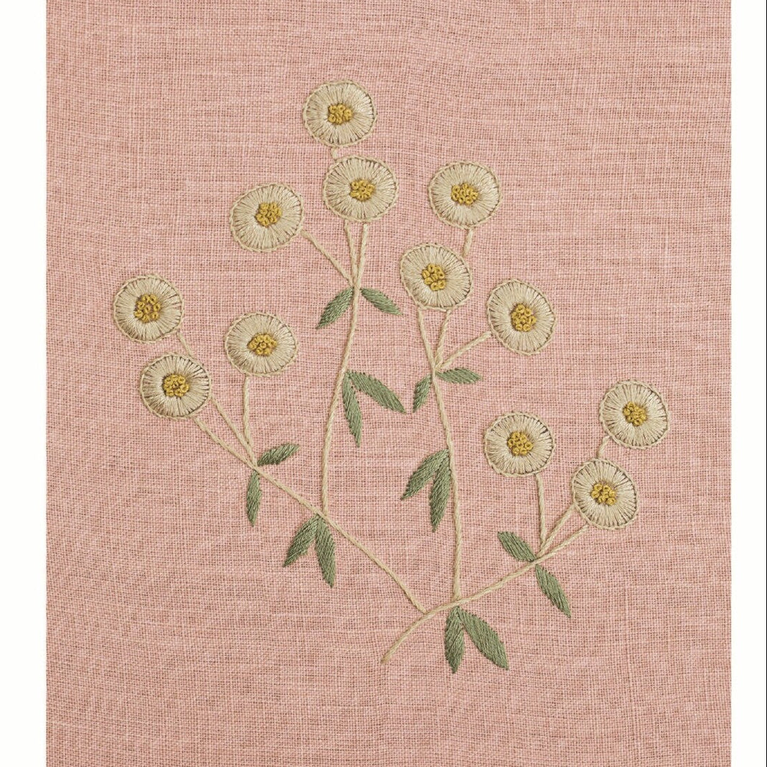 Embroidered floral design on a pink fabric background