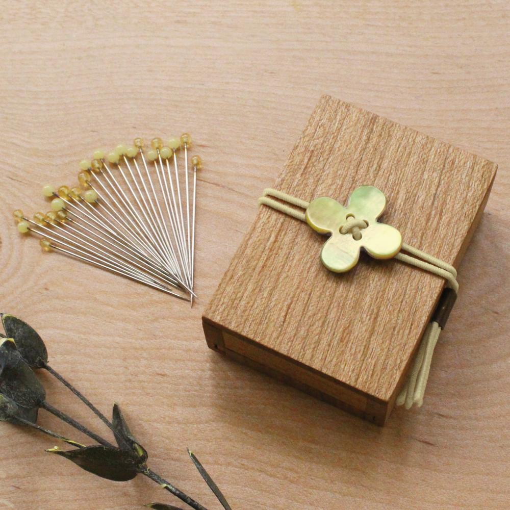 Glass Sewing Pins in a Cherry-Wood Box