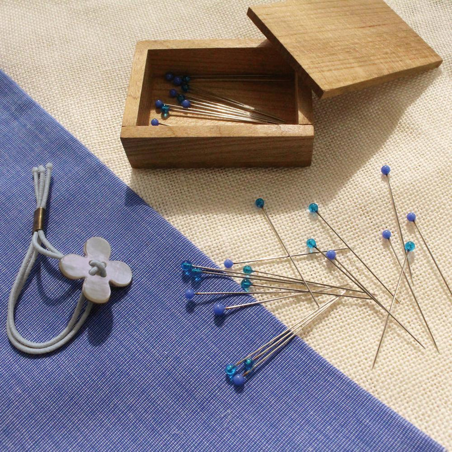 Glass Sewing Pins in a Cherry-Wood Box