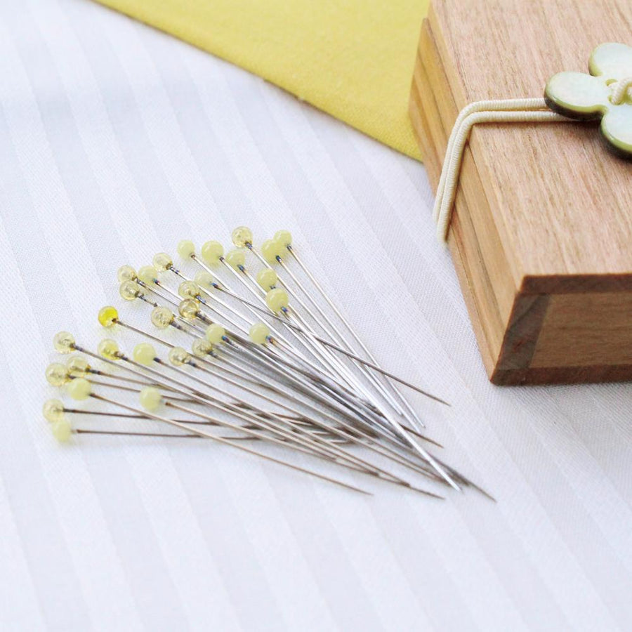 Glass Sewing Pins in a Cherry-Wood Box