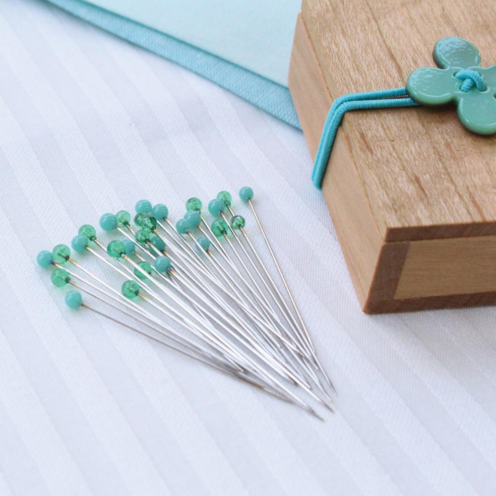 Glass Sewing Pins in a Cherry-Wood Box