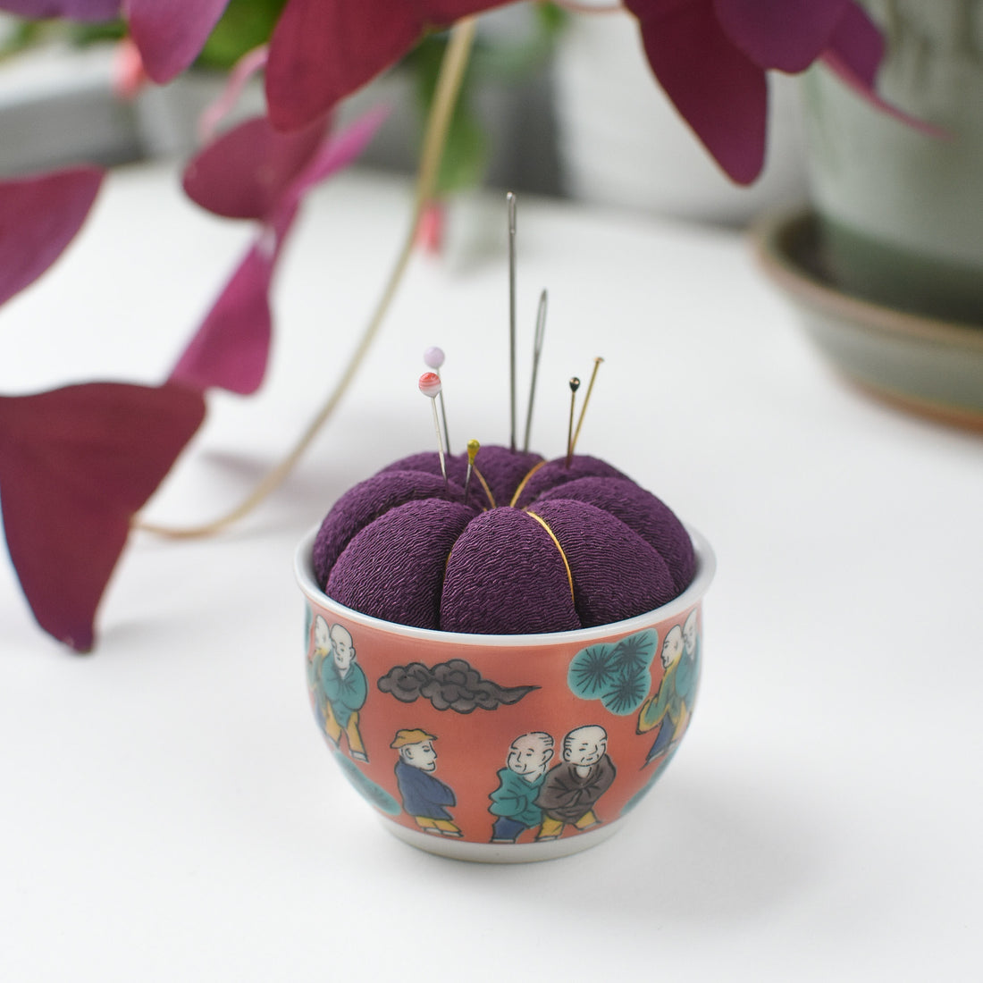 Kutani Pin Cushion, Purple Mokubei