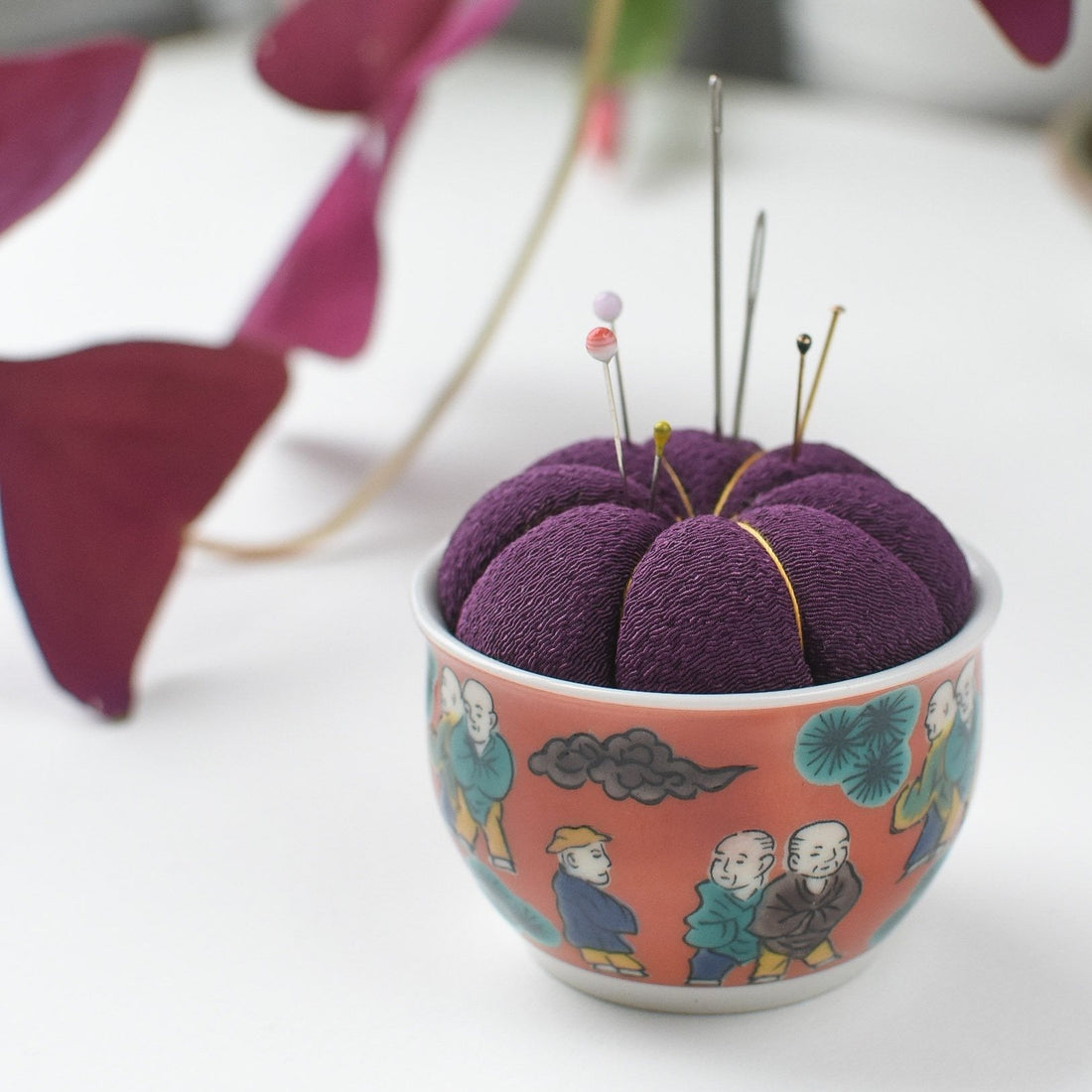 Kutani Pin Cushion, Purple Mokubei