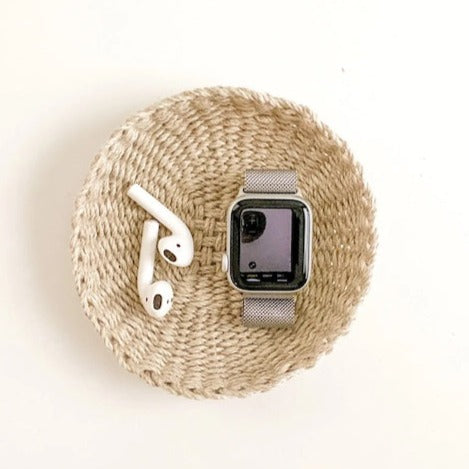 Adeline Basket Twining DIY Kit shown with smart watch and earbuds inside | Brooklyn Haberdashery