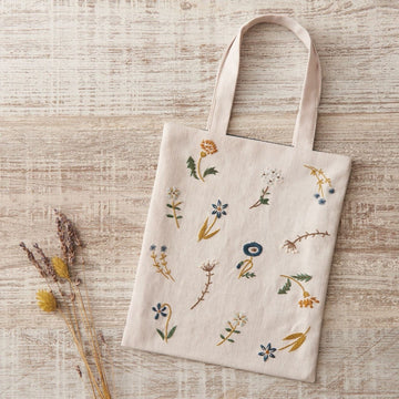 Botanical Embroidery Mini Tote Kit, Natural with Garden Flowers