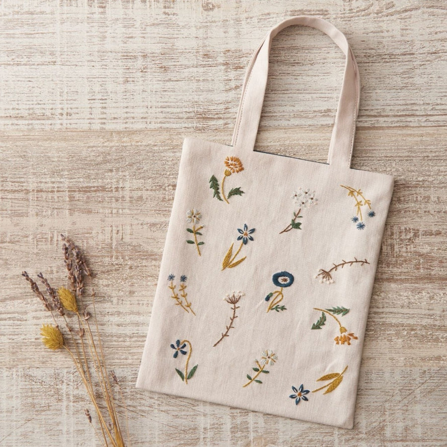Small Daisies Embroidery Linen Tote Bag