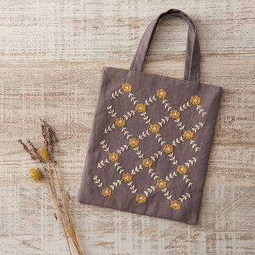 Botanical Embroidery Mini Tote Kit, Gray with yellow flowers