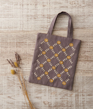 Botanical Embroidery Mini Tote Kit, Gray with yellow flowers