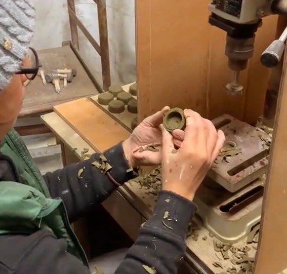 Artisan in workshop making Awaji Kawara Magnetic Needle Minder with Polisher | Brooklyn Haberdashery