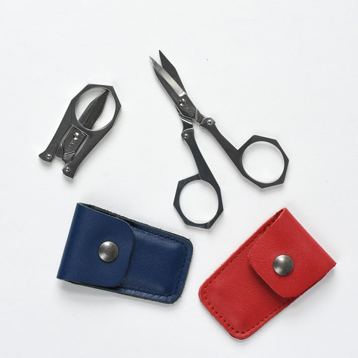 Sajou Folding Scissors, shown with Blue leather case and Red leather case | Brooklyn Haberdashery