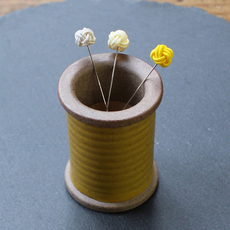 Cohana Iida Mizuhiki Sewing Pins, Set of 3 in Yellow, shown in Magnetic Spool Pin Rest | Brooklyn Haberdashery